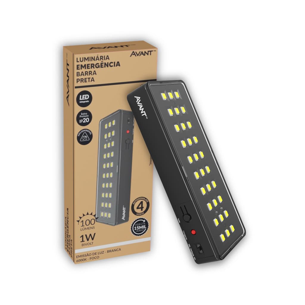 Kit 1, 2 ou 3 Luminárias Led Emergencia Barra 1w 6000K Branco Frio Bivolt Até 4h de Duração Preto Avant