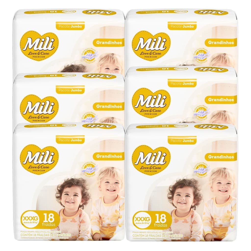 Fralda Descartável Mili Love & Care 6 Pacotes c/ 18 (total: 108 fraldas)  Tam: XXXG - Grandinho