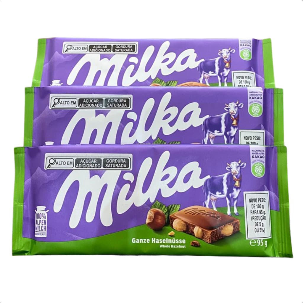 3 barras de chocolate milka importado com avelâs inteiras