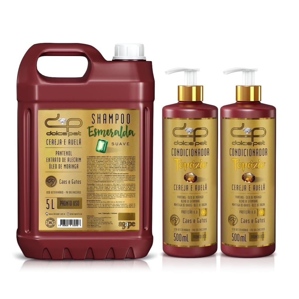 Kit Dolce Pet Shampoo Suave 5L PU + 2 Condicionadores 500 ml para Cães e Gatos