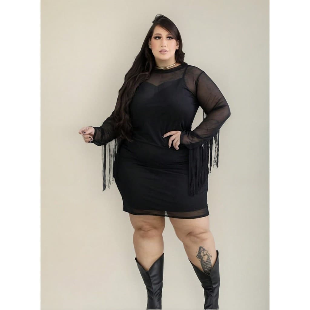 Vestido Tule Plus Size Manga Longa Franja Mais Vestido Forro