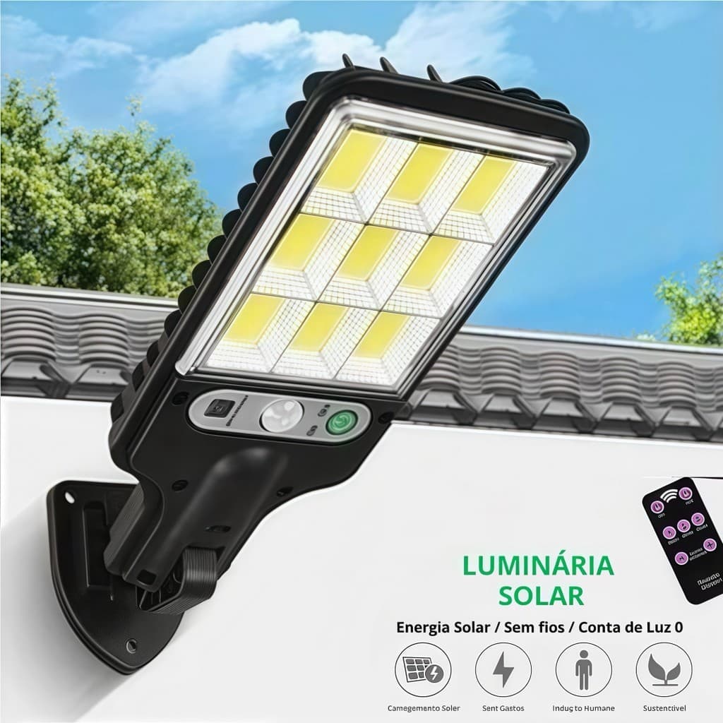 Luminária Solar Parede 108COB Carregar LED Luz Branco frio  D'Água Sensor Presença 3 funções bombom store