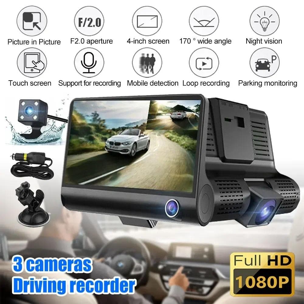 Câmera DVR Para Carro 1080P De 4 Polegadas Com Câmeras Dianteiras E Traseiras De 3 Lentes