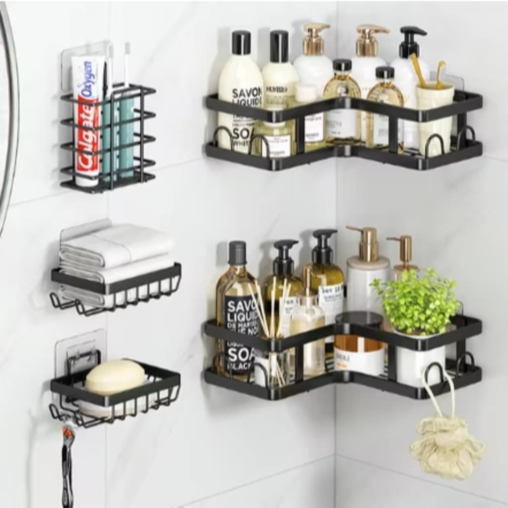 (Baratinha) Com 5 Pacote Suporte para chuveiro Prateleira de banheiro sem perfuração Grande capacidade Armazenamento de organizador de cozinha Aço inoxidável Prateleira de chuveiro de canto de parede