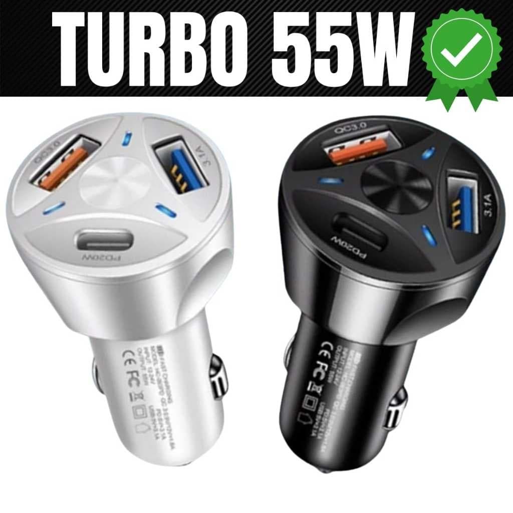 Kit 5 ou 8 Carregador Veicular Turbo 55W 3 Portas (USB + Tipo C) QC 3.0 PD 20W Rápido Sortido