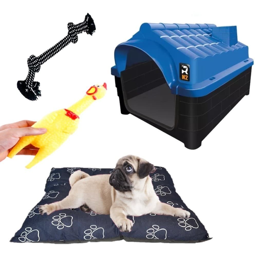 Casa Casinha N2 Azul + Brinquedos Pet + Colchonete Preta Pet