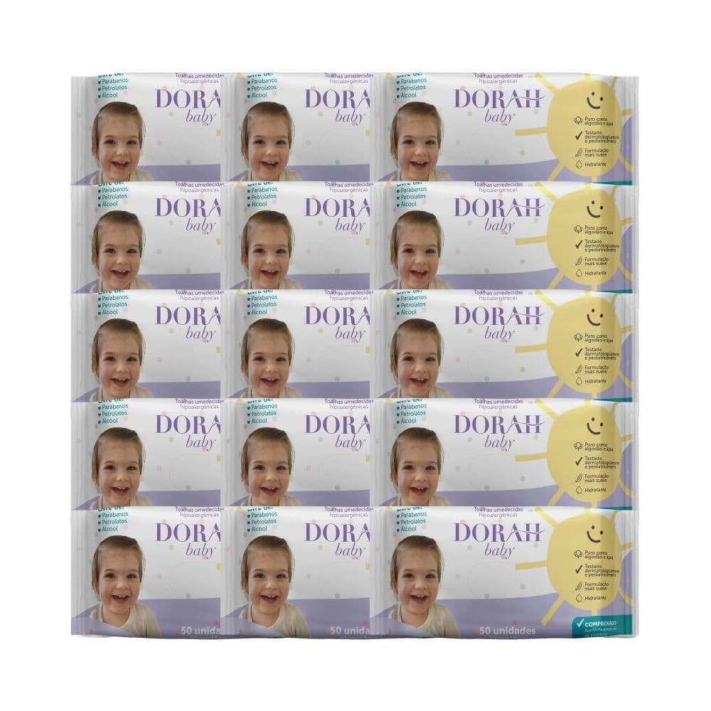 15 Pacotes - Toalhas/Lenços Umedecidos SEM ÁLCOOL - 50 Folhas - Dorah Baby (Total 750 Folhas)