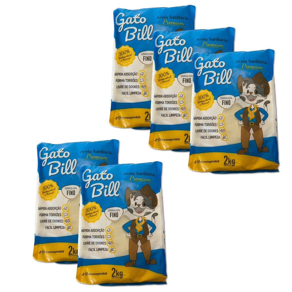 AREIA SANITÁRIA GATOBILL PARA GATO ECOLÓGICA NEUTRALIZA ODOR SUPER ABSORVENTE FORMA TORRÕES FIRMES KIT 5X FINA