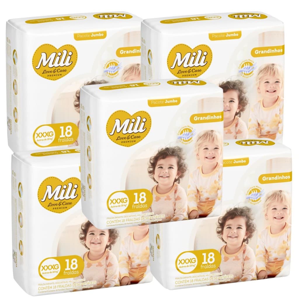 Fralda Descartável Mili Love & Care 5 Pacotes c/ 18 (total: 90 fraldas)  Tam: XXXG - Grandinho