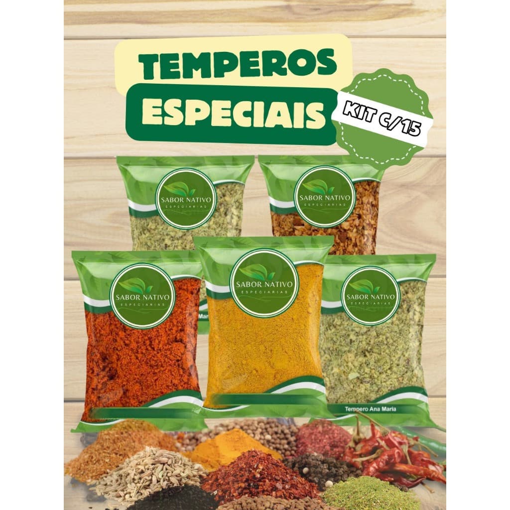 KIT C/ 15 TEMPEROS - CHIMICHURRI, PÁPRICA DEFUMADA, TEMPERO BAIANO, CURRY, ALHO EM PÓ, COMINHO...