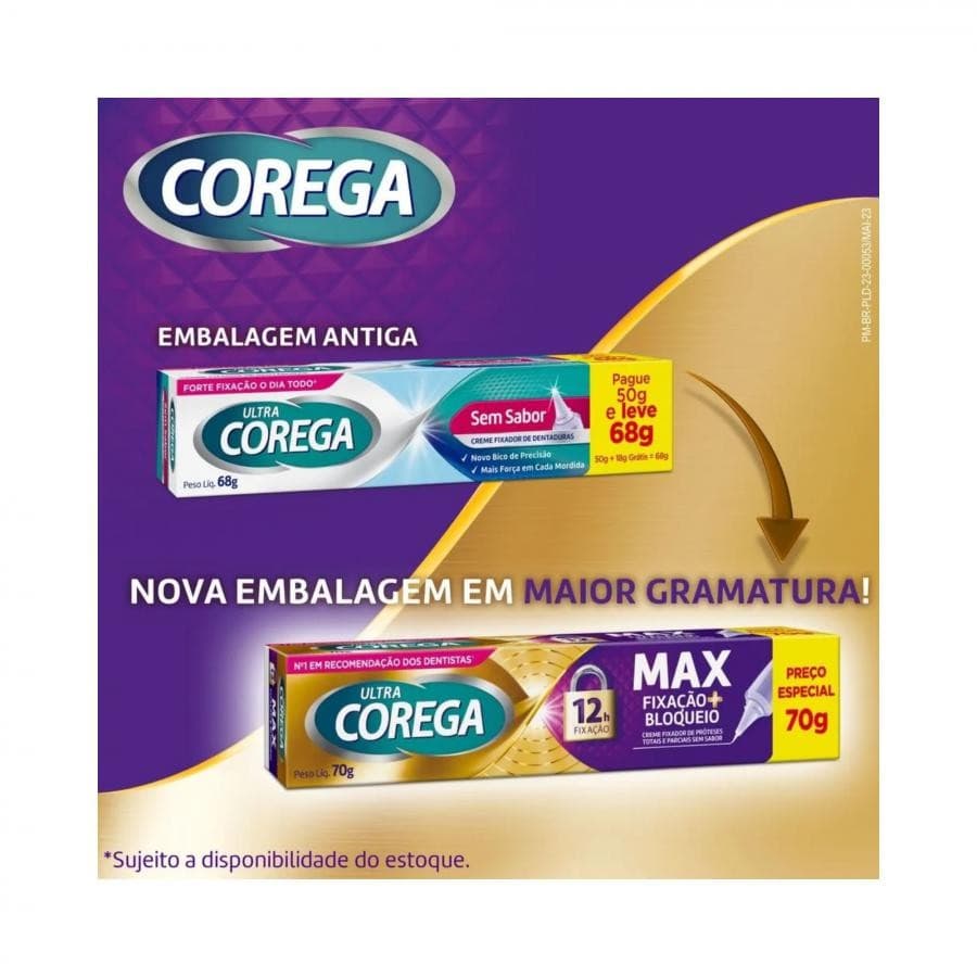 Creme Fixador De Dentadura Ultra Corega Max Fixacao + Bloqueio Sem Sabor 70g – Fixacao Forte e Conforto Duradouro