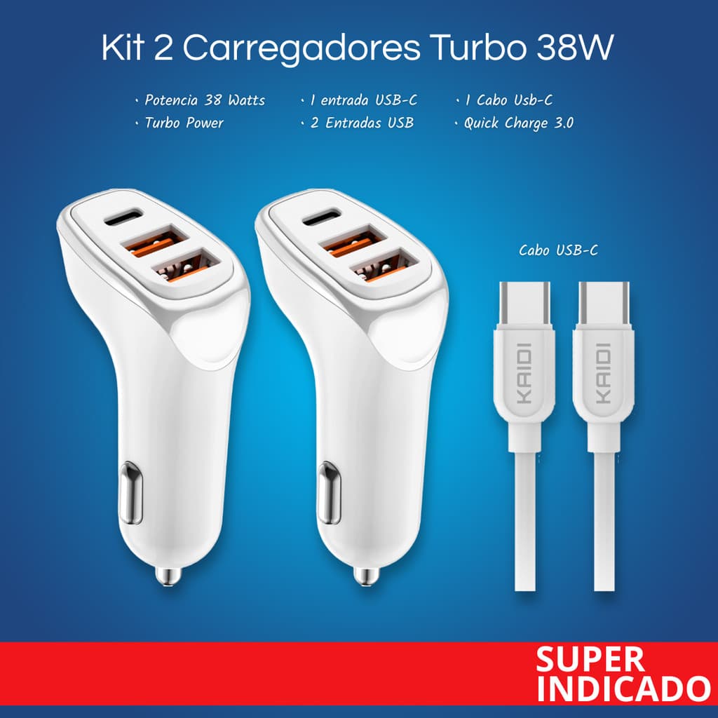 Kit 2 Carregador Veicular Turbo Tipo C 37W Com 3 Saidas QC 3.0 USB-C e USB KD-304C