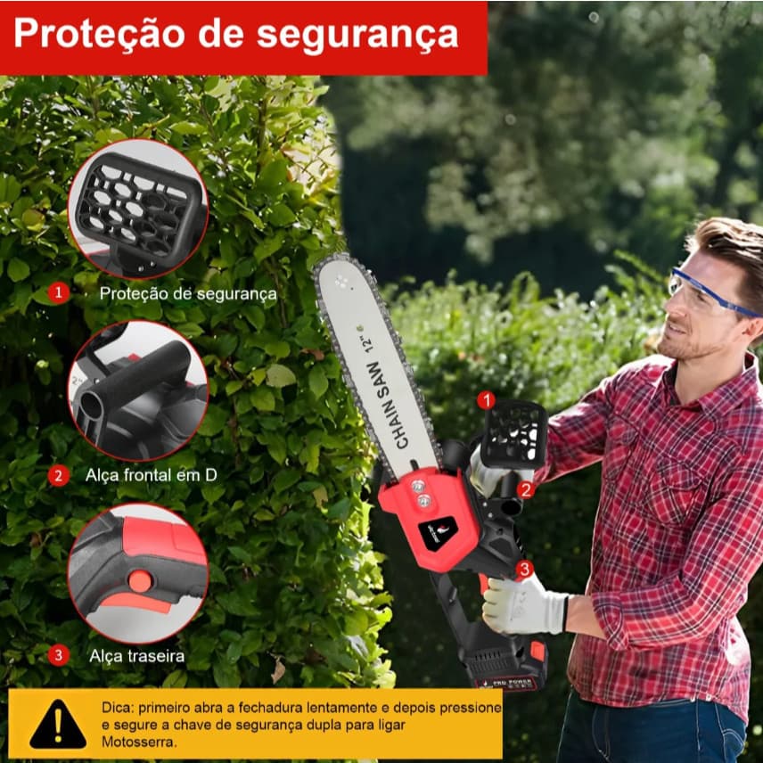 Motosserra Elétrica a Bateria 12” Potente Sem Fio e Pronta para o Trabalho Pesado