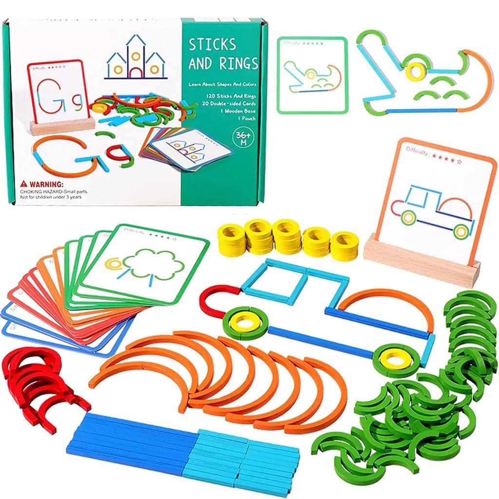 ​​Jogo Quebra-Cabeça Madeira Montessori Anéis e Varetas Criativos-Brinquedo Educativo 3+ Anos para Crianças Motora Fina​