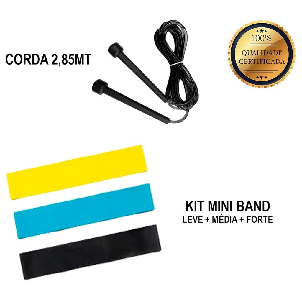 Kit Fitness/Funcional Treino em casa Perder Peso e Tonificar Corda 1.6 + Kit mini band 3 Intensidades LEVE + MÉDIO + FORTE