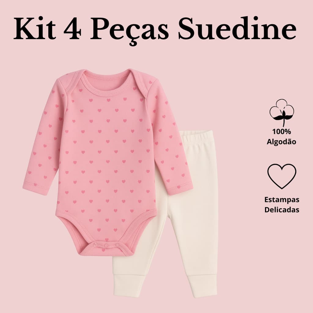 4 Peças Bebê 2 Body Manga Longa e 2 Mijão Suedine 100%  Kit Algodão Meninas e Meninos Maternidade Enxoval
