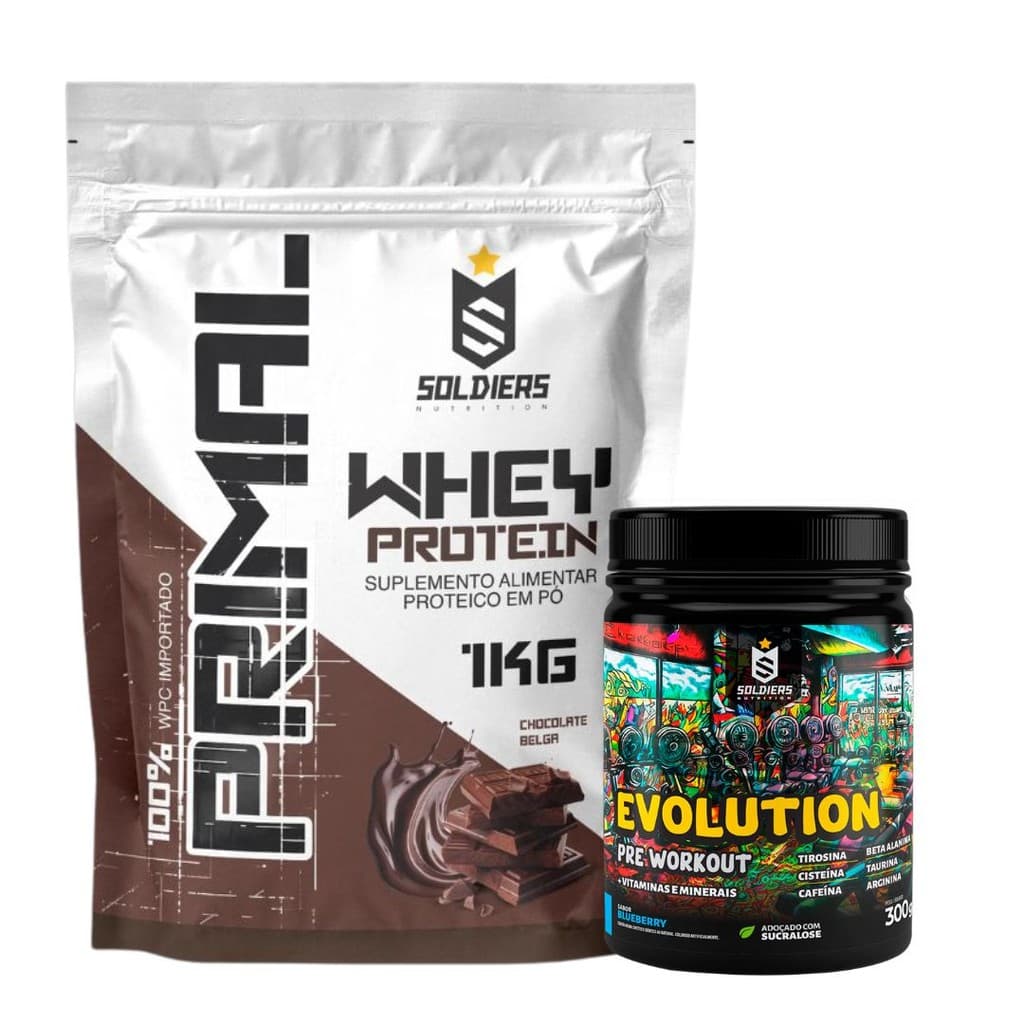 Kit: Whey Protein Primal 1kg + Pré Treino Evolution 300g Soldiers Nutrition Proteína Muscular Suplemento