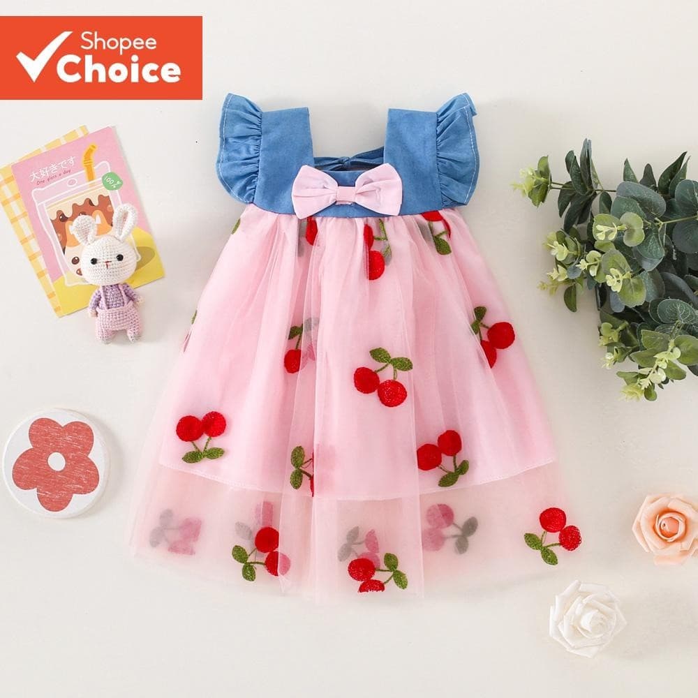 Macacão Jeans Coreano Flor De Cerejeira , Roupa De Verão Para Bebê Cereja Menina