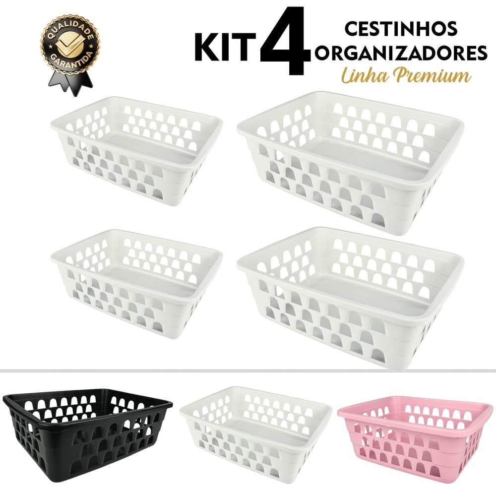 Cesto Cestinho Organizador Kit 4 Pc P/M Para Lavanderia, Cozinha, Quarto, Banheiro, Sala, Escritório