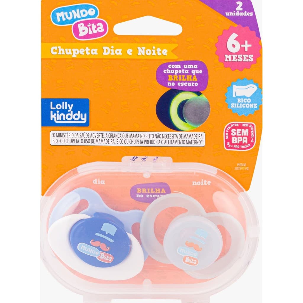 2 Unid Chupeta Mundo Bita Dia&Noite c/ uma chupeta que brilha no escuro (c/ porta chupeta)