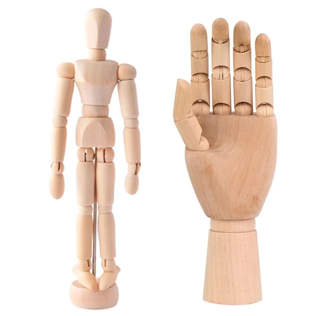 KIT BONECO + MÃO ARTICULADO FLEXÍVEL MADEIRA MODELO DECORAÇÃO 30CM
