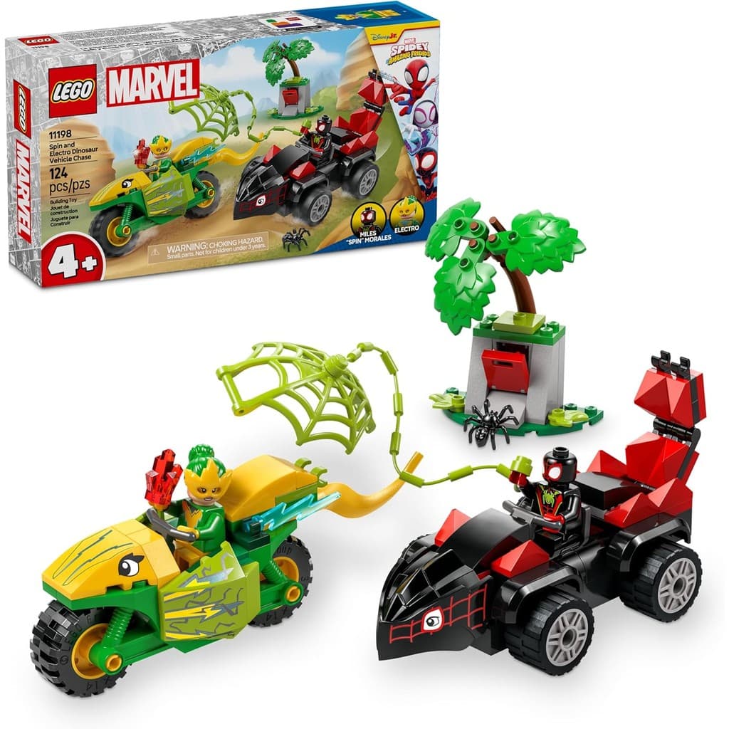 Bloco De Montar Marvel Spidey Perseguicao Com Veiculos De Dinossauro De Spin E Electro 124 Pecas Lego