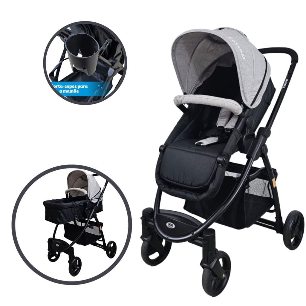 CARRINHO DE BEBÊ 3 EM 1 PASSEAR JÚPITER VIRA MOISÉS TRAVEL SYSTEM PRETO C/ CINZA  ATÉ 15 KG