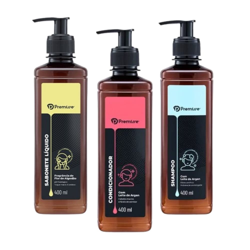 Kit Banho Shampoo Condicionador Sabonete 400ml Corpo Mão Rosto Cabelo Hidratante Hotel Salão Clínica