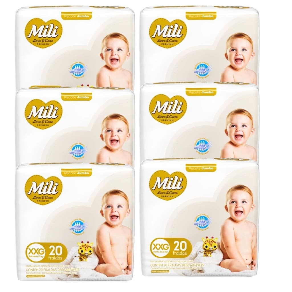 Fralda Descartável Mili- Love&Care- Linha Premium- Tam XXG- 6 Pacotes c/ 20 (Total 120 fraldas)