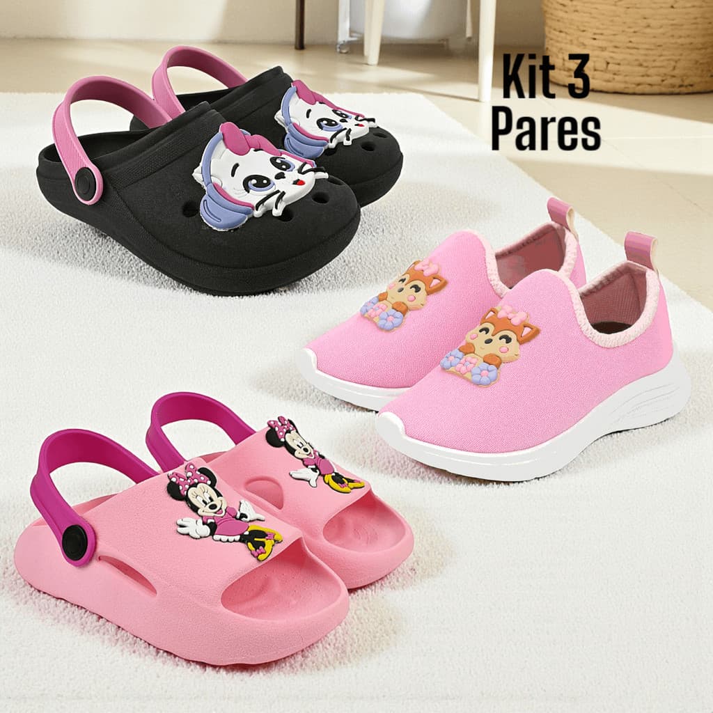 Kit 3 Pares Tênis Infantil Menina Confortável Sandália Macia e Papete Antiderrapante