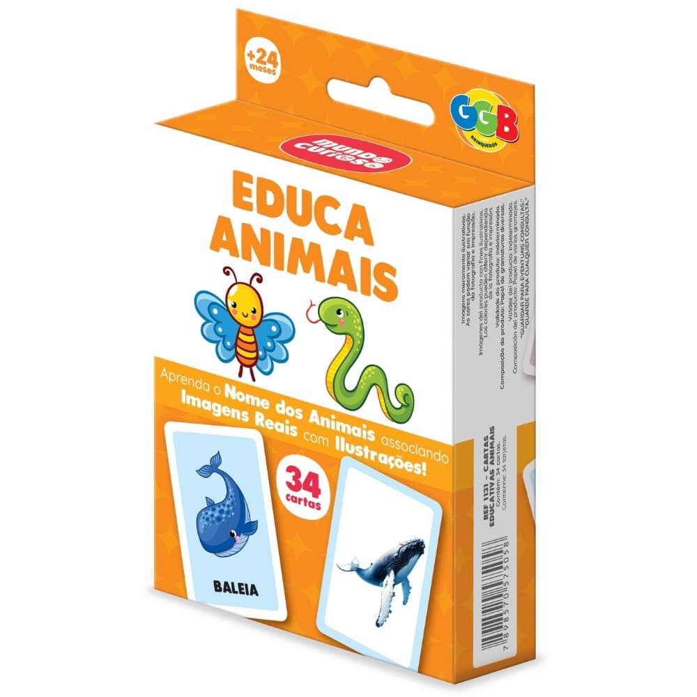 JOGO EDUCA ANIMAIS 34 CARTAS GGB BRINQUEDO MESA IMAGEM REAL NOME EDUCATIVO INFANTIL FAMÍLIA CRIANÇAS