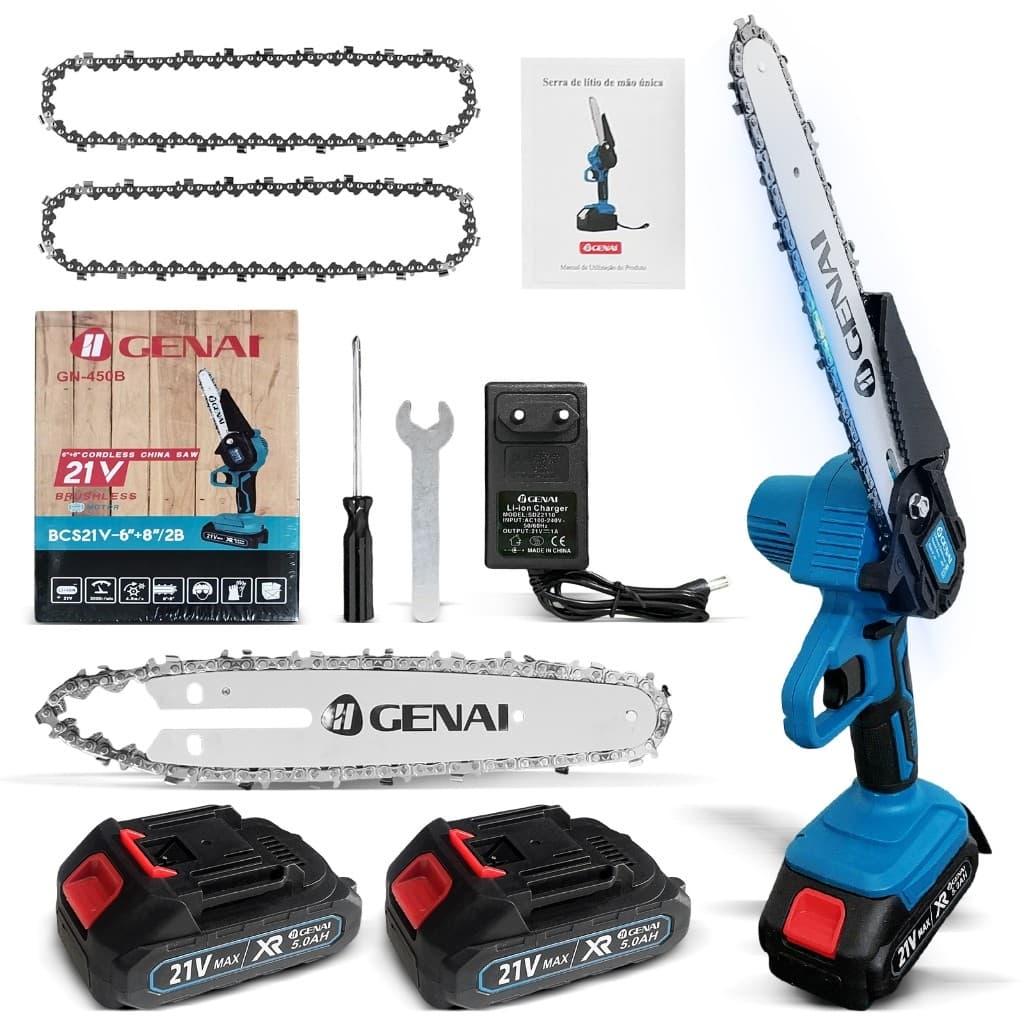 21V 6+8 Polegadas Motosserra Portátil 2 Bateria Recarregável Mini Serra Elétrica Bivolt 110/220v