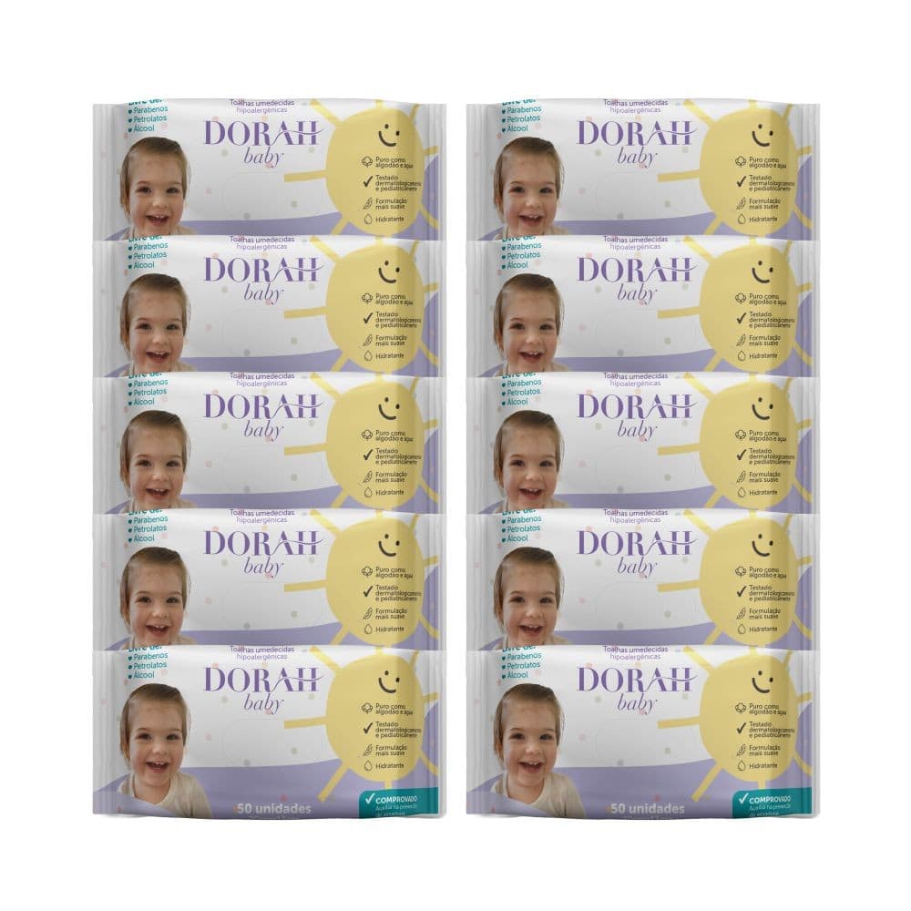 10 Pacotes - Toalhas/Lenços Umedecidos SEM ÁLCOOL - 50 Folhas - Dorah Baby (Total 500 Folhas)
