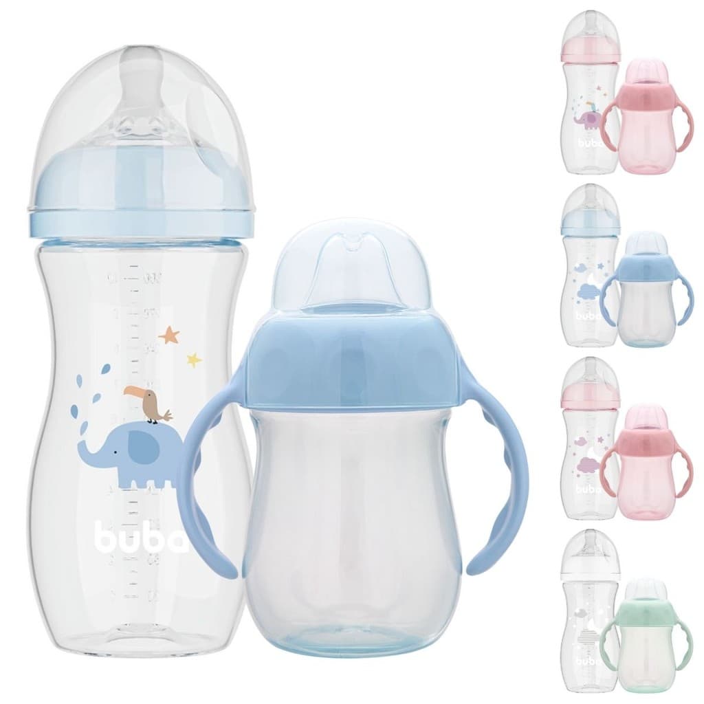 Kit Mamadeira Buba Easy Flow Anticólica 330ml e Copo de Treinamento com Alça Bico Silicone Buba 160ml