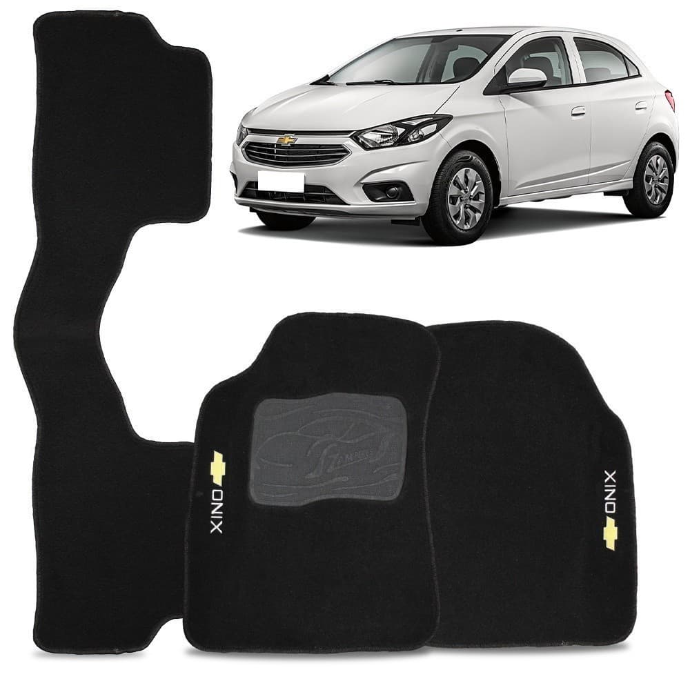 Jogo Tapete Onix 2012 a 2019 Carpete Automotivo Logo Bordado Preto 3 Peças