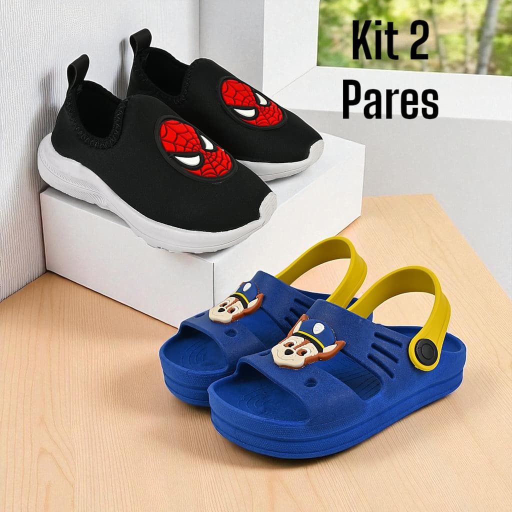 Kit 2 Pares Tênis Infantil Menino com Sandália Papete Confortável Antiderrapante