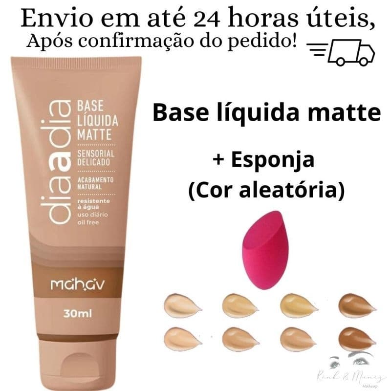 Base Líquida Matte Mahav Dia a Dia Cobertura Natural + 1 Esponja de maquiagem