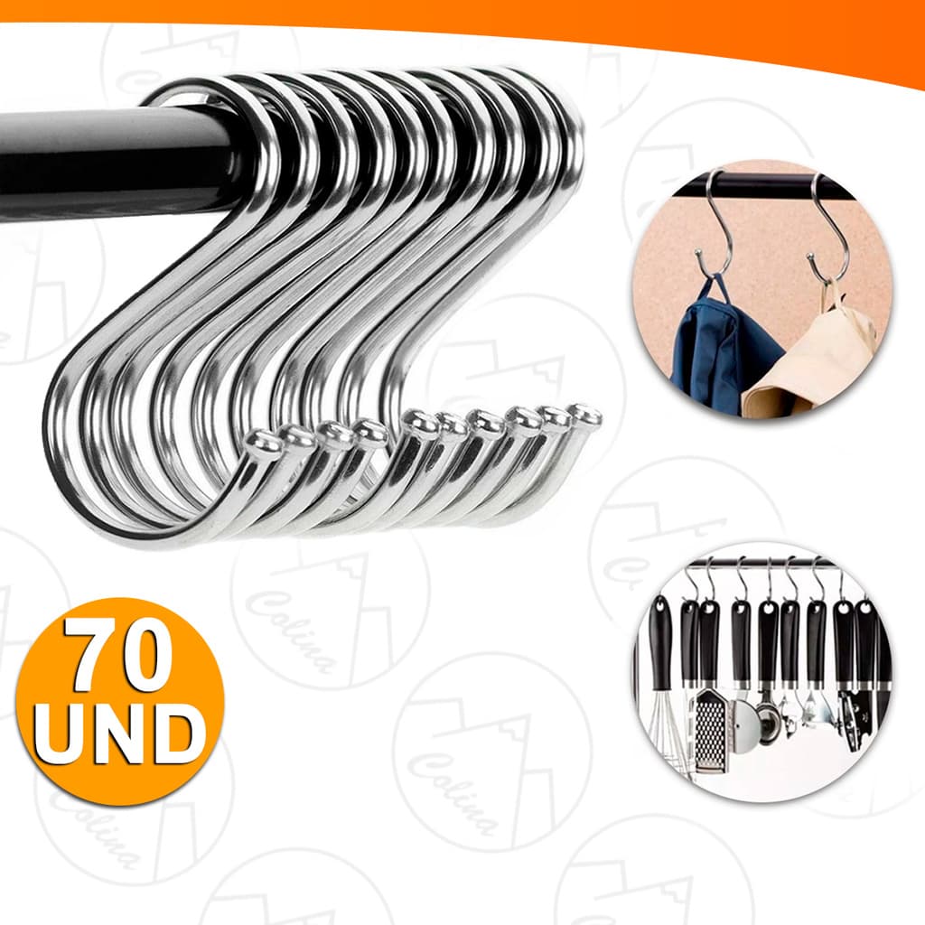 Kit Com 70 Ganchos Multiuso Em Formato S Organizador Banheiro Cozinha Quarto