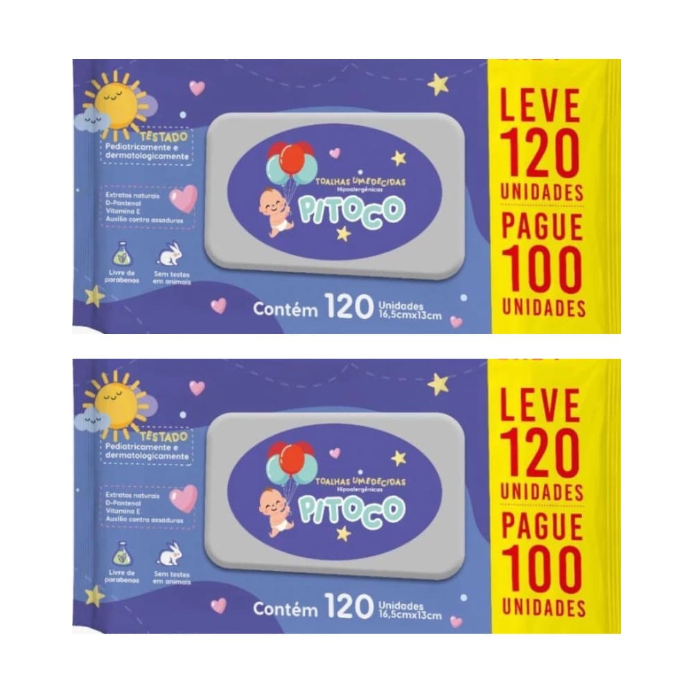 Kit Com 2 Toalha Umedecida Pitoco Contém 120 unidades 16,5 cm x 12 cm Cada - CIMED