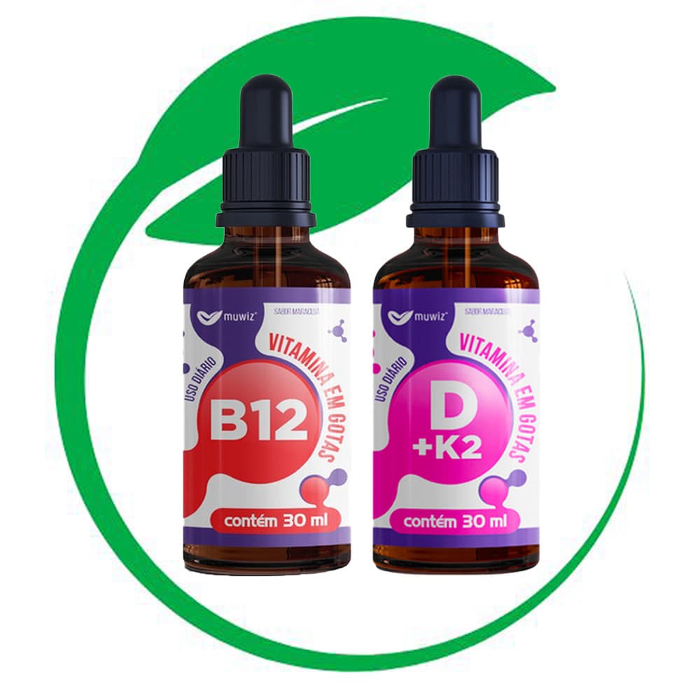 KIT 1 VITAMINA B12 SUBLINGUAL + 1 VITAMINA D K2 GOTAS ALTO TEOR RÁPIDA ABSORÇÃO MUWIZ