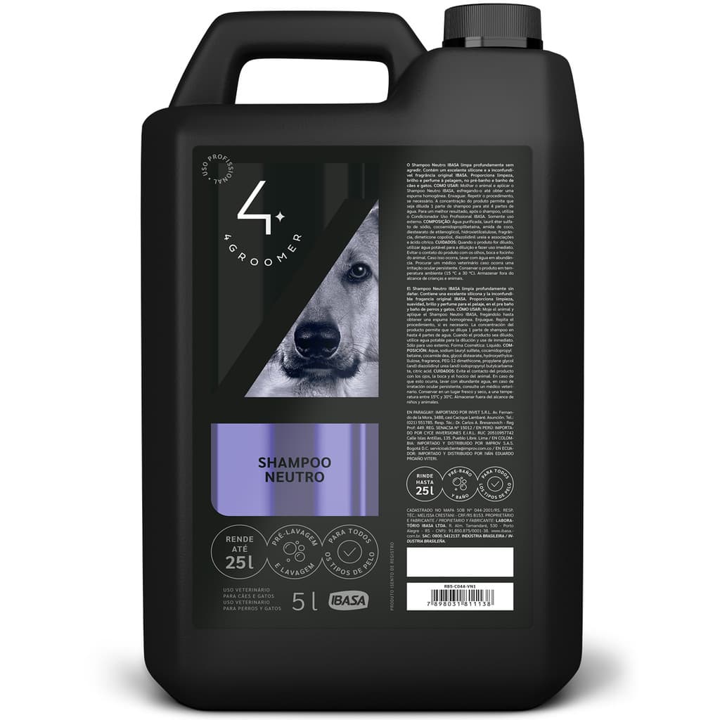 Shampoo Groomer Neutro Ibasa 5L  para Cães e Gatos – Limpeza Suave para Pelos e Pele Sensível
