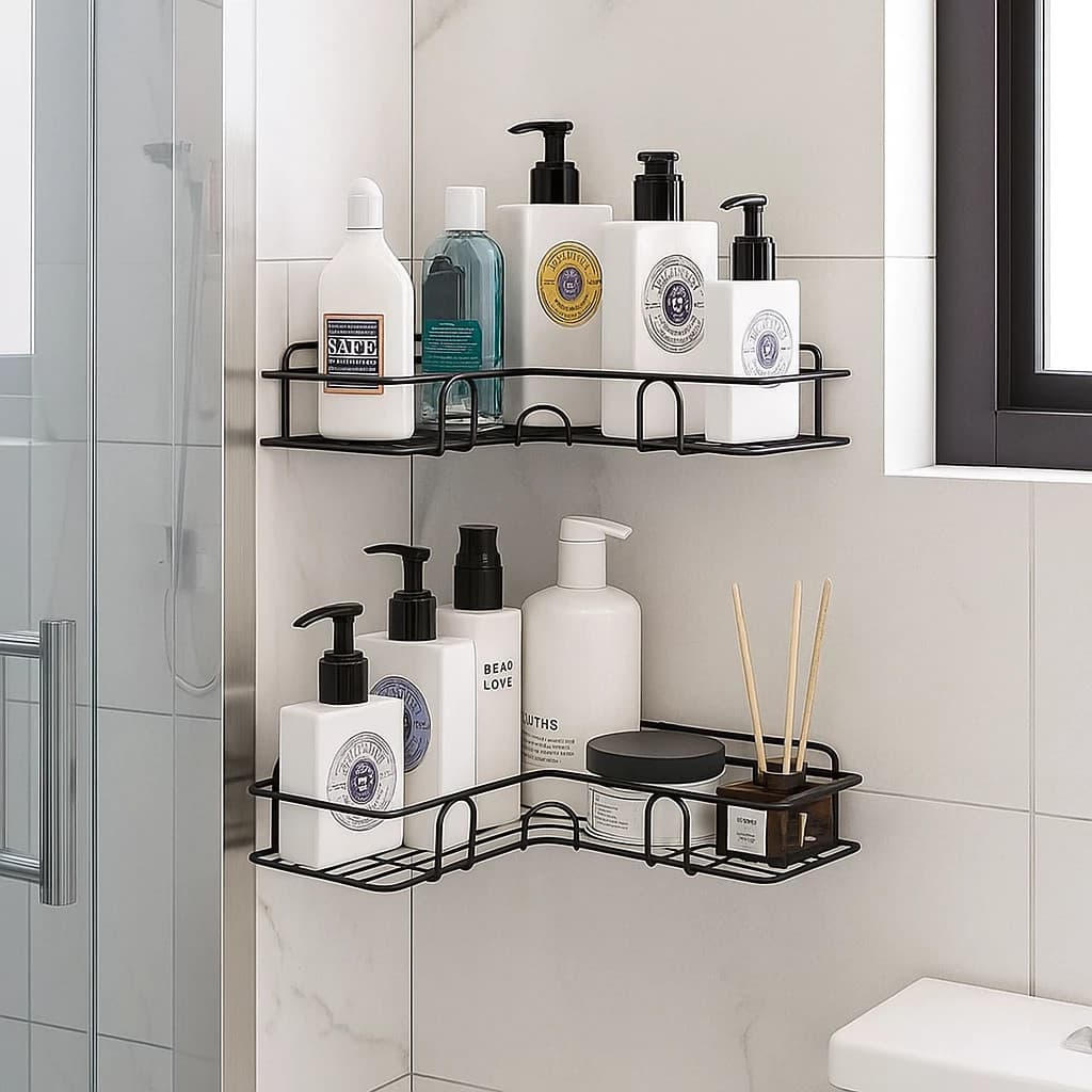 Prateleira 2 Peças Banheiro Suporte Shampoo Parede Rack Organizador Gancho Pendurar Canto Temperos