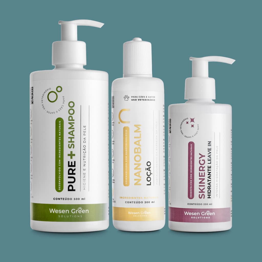 Pure+ Shampoo 500ml + Skinergy Hidratante 250ml + Nanobalm 200ml Wesen Green Alívio da Coceira, Pele Saudável para Pets
