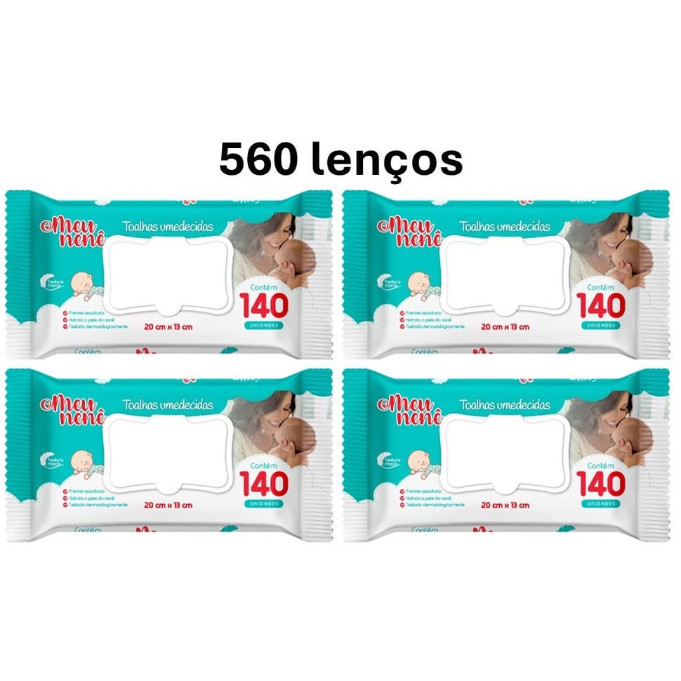 Kit Lenço Umedecido / Toalhas Meu Nenê Tampa Flip Top com 140 unidades - 4 pacotes (560 lenços)
