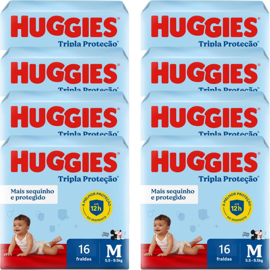 8 Pacotes da Fralda Huggies Tripla Proteção M com 16 Unidades Por Pacote