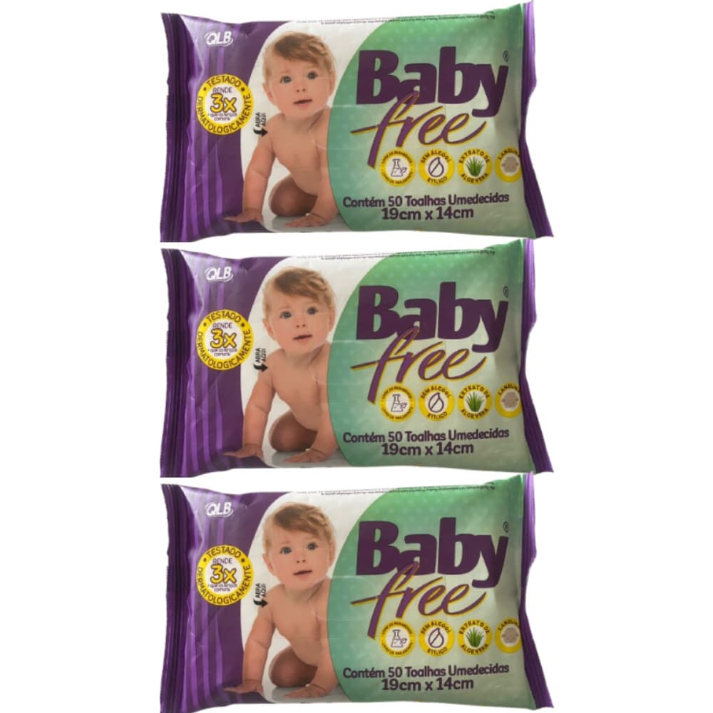 Kit Contém 3 Pacotes Toalha Umedecida Baby Free 50 Unidades