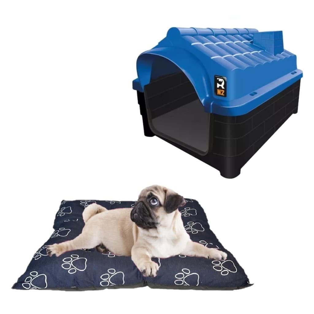 Cama Pet Fibra Acolchoada + Casinha Dog Pet Shop N2 Azul