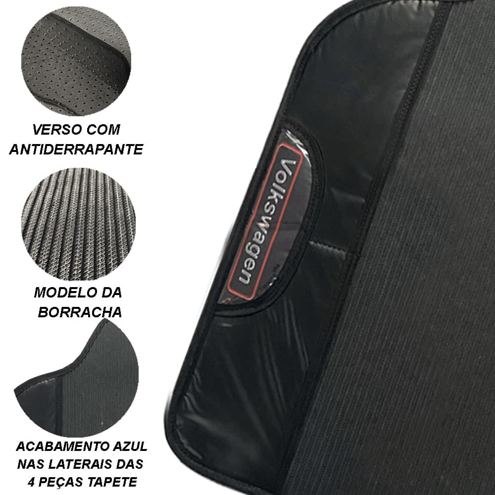 TAPETE DE CARRO AUTOMOTIVO UNIVERSAL EMBORRACHADO VOLKSWAGEN VW GOL PARATI VOYAGE SANTANA POLO VIRTUS FOX COM NOME DA MONTADORA NA LATERAL DO TAPETE MOTORISTA