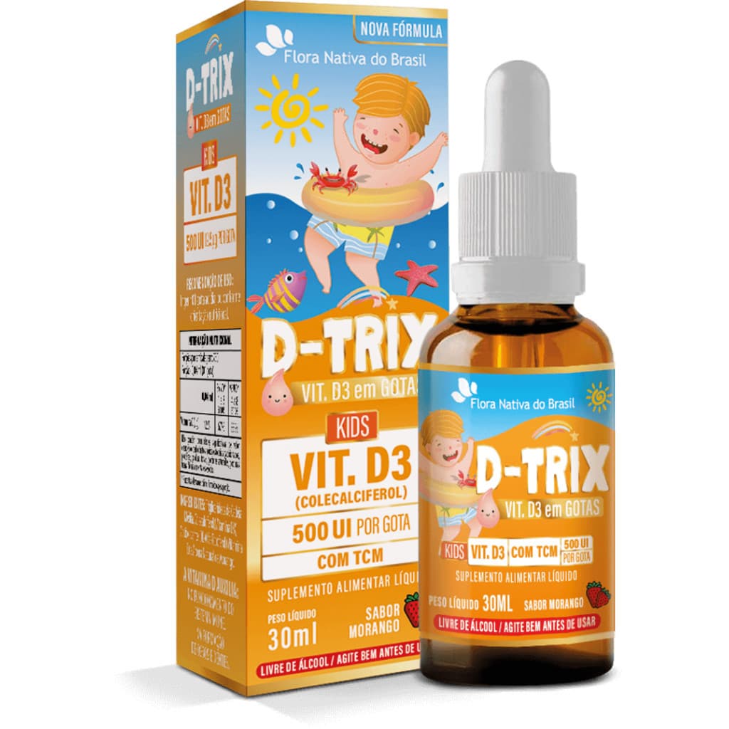 D-TRIX Vitamina D3 em gotas 500ui Sabor Morango Linha Kids Flora Nativa do Brasil