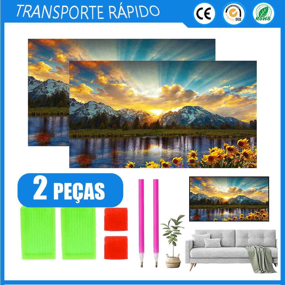 2x Pintura de diamante DIY 5D ponto de pintura de diamante Decoração de parede Lago do pôr do sol 70x40cm